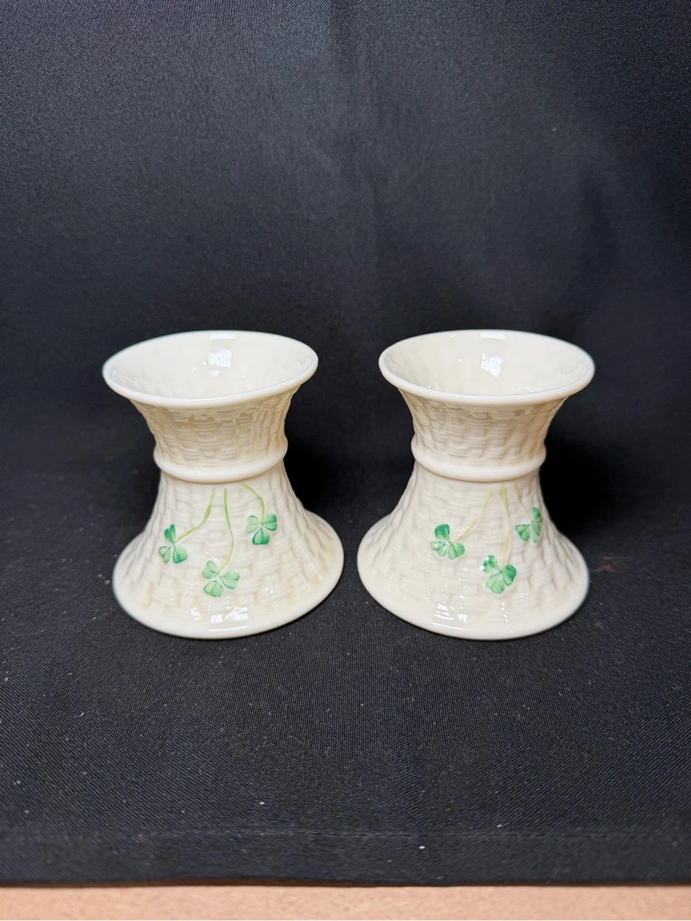 Belleek Ireland Shamrock Porcelain Taper Candle Holders Pair White/Green Gold